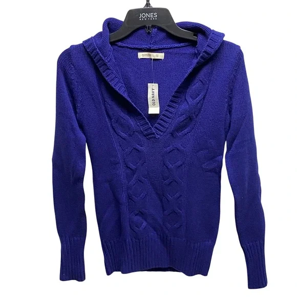 Old Navy Women Royal Blue Cable Knit Hooded V Neck Sweater Long Sleeve XS NWT - Picture 4 of 7